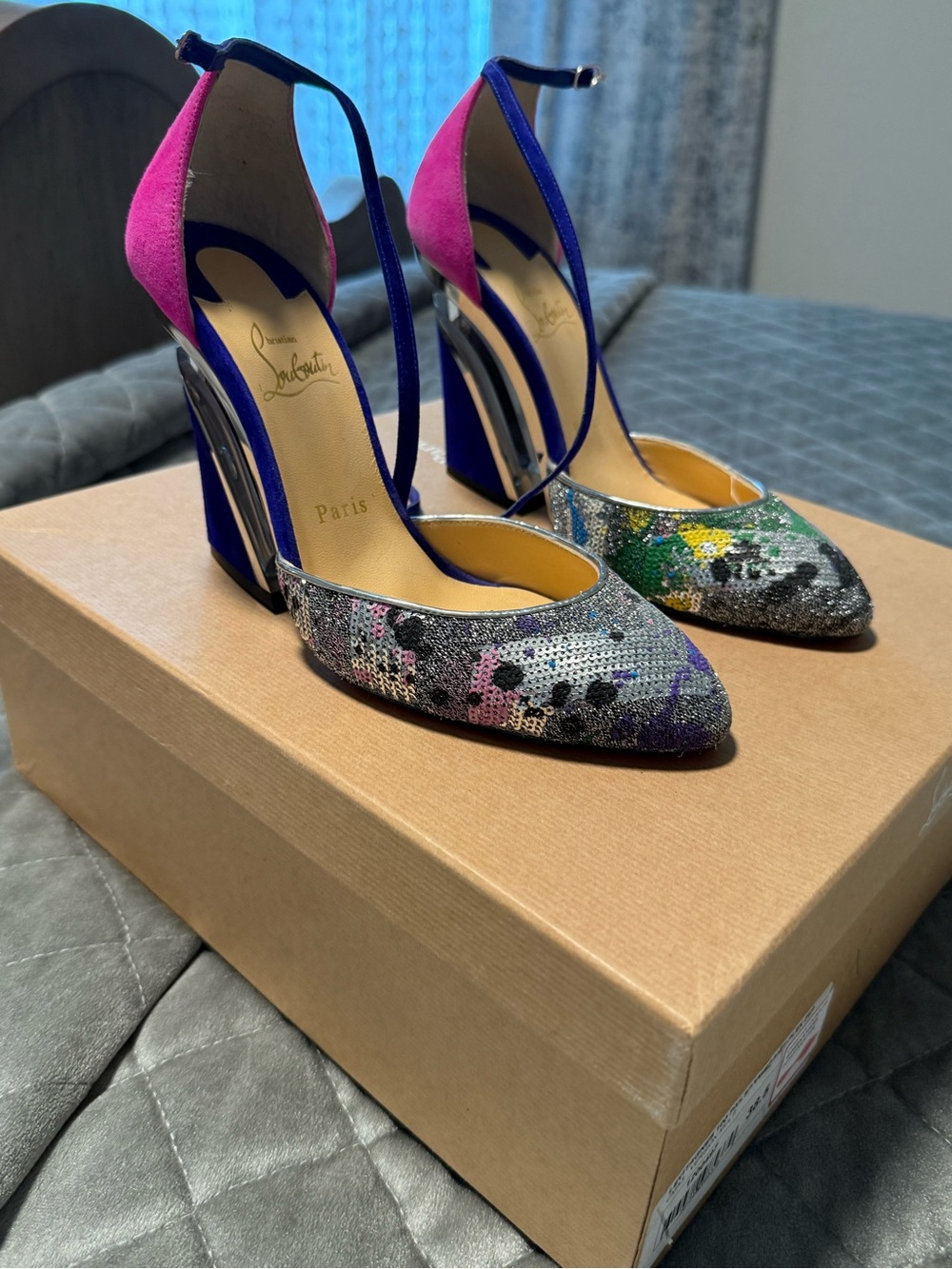 Christian Louboutin Multicolor Sequined Pumps with Pink Suede Heel and Blue Trim